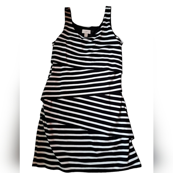 LOFT BLACK WHITE tiered vertical stripe summer dress rayon blend lined petite LG - Picture 4 of 6